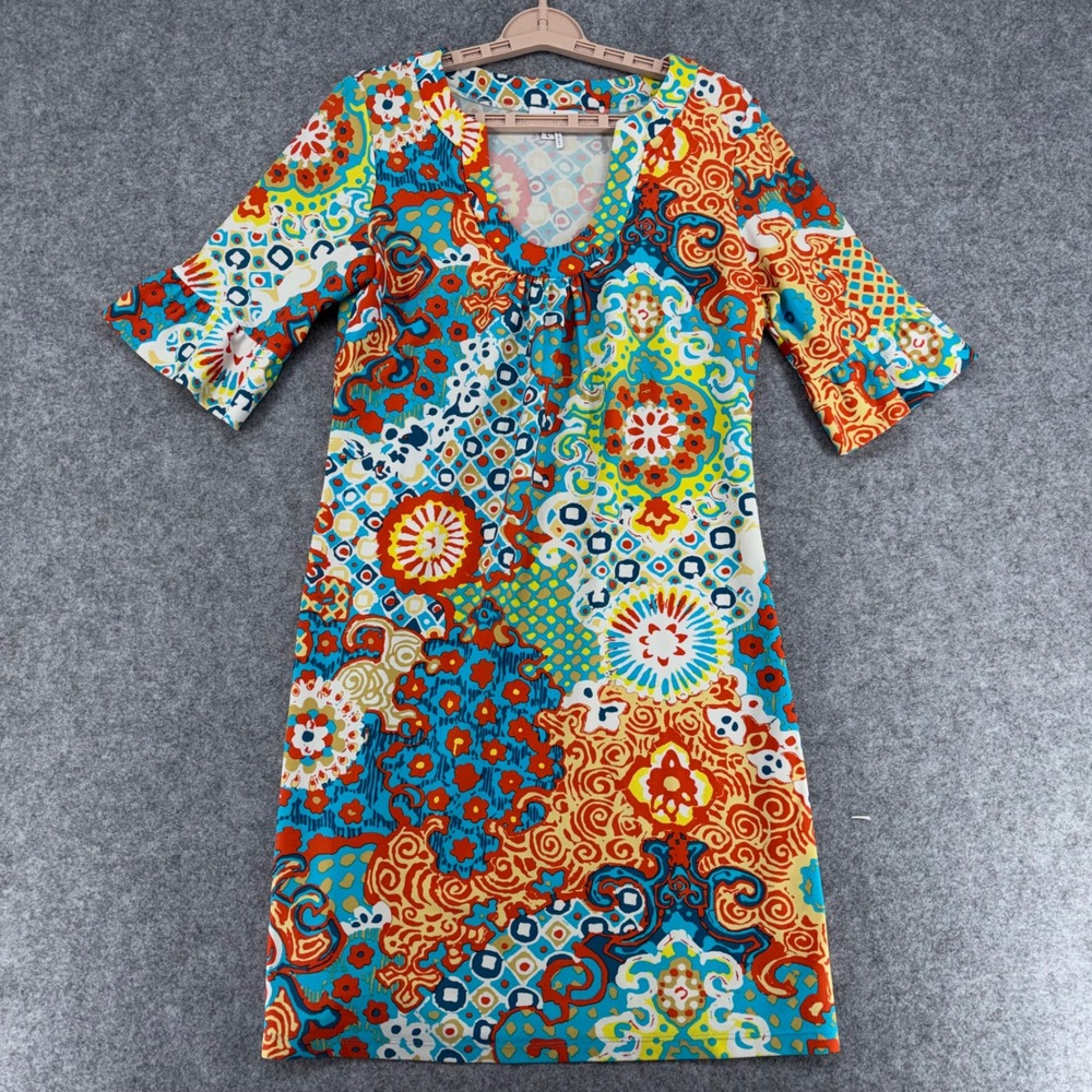 Jude Connally Women L Multi Color Geometric Floral Ruffle Sleeve Shift Dress USA